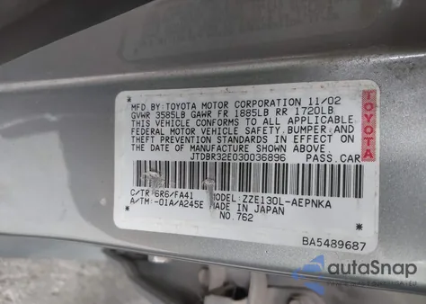 2003 Toyota Corolla Le z USA, uszkodzony, nr VIN JTDBR32E030036896